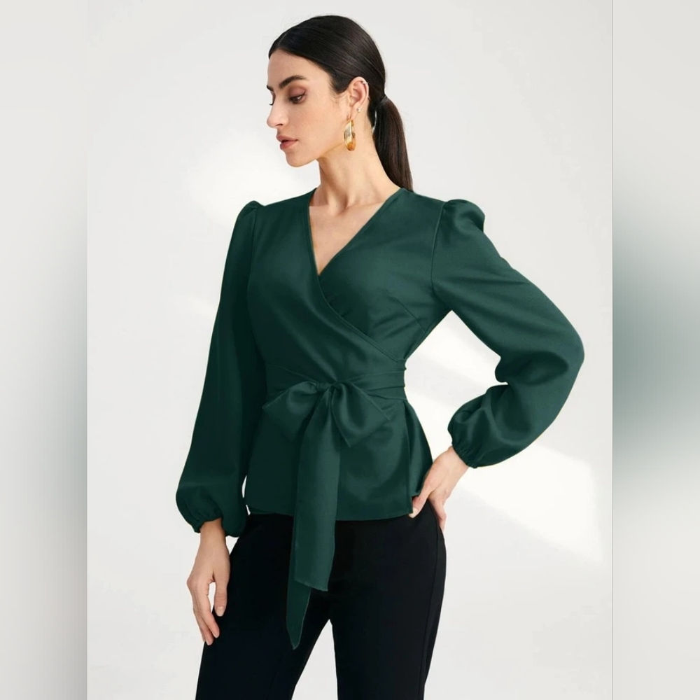 NWOT SHEIN Mulvari Solid Surplice Front Belted Blouse